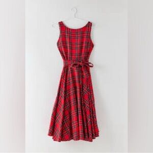 Vintage Tartan Red Plaid Midi Dress, Belted Tie Waist, Christmas
